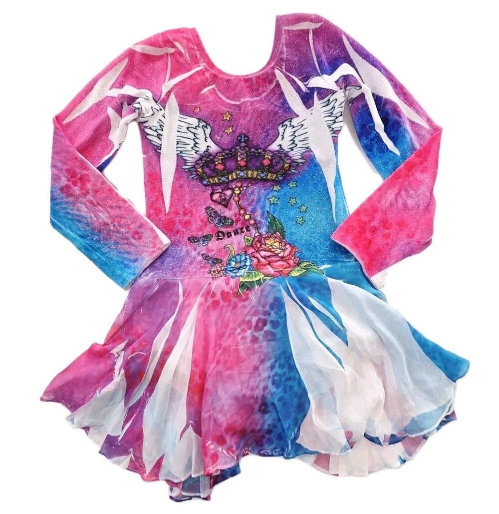 Duck Crossing Y2K Velvet Leotard Dance Skate Dress Angel Wings Shimmer Size CL